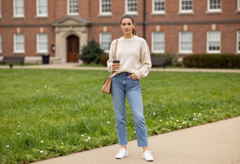 Young woman in cream knit sweater and straight-leg jeans on campus with coffee and crossbody bag