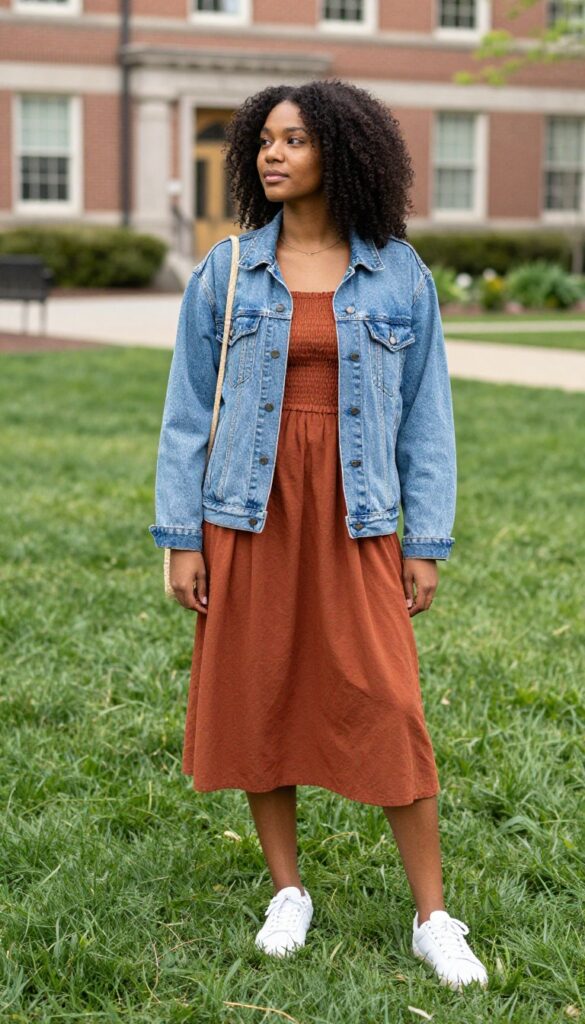 14. Midi Dress + Denim Jacket + White Sneakers