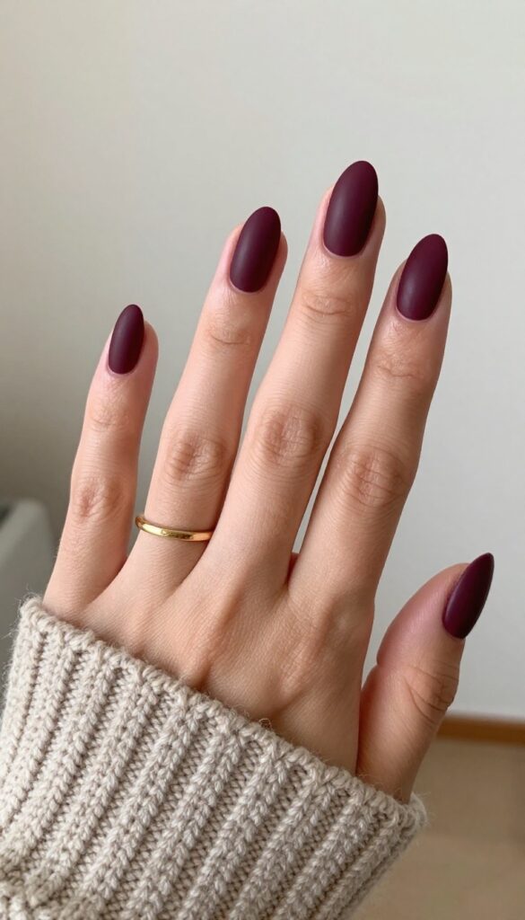 Plum velvet matte nails on almond shape