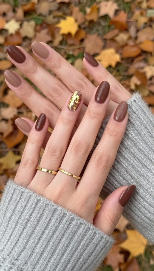 Short almond nails in matte chocolate brown with gold foil accents on a woman's hands in a cozy fall setting