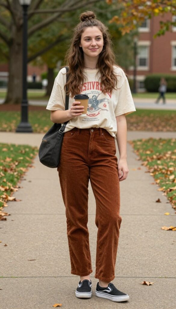 6. Graphic Tee + Corduroy Pants + Slip-On Vans