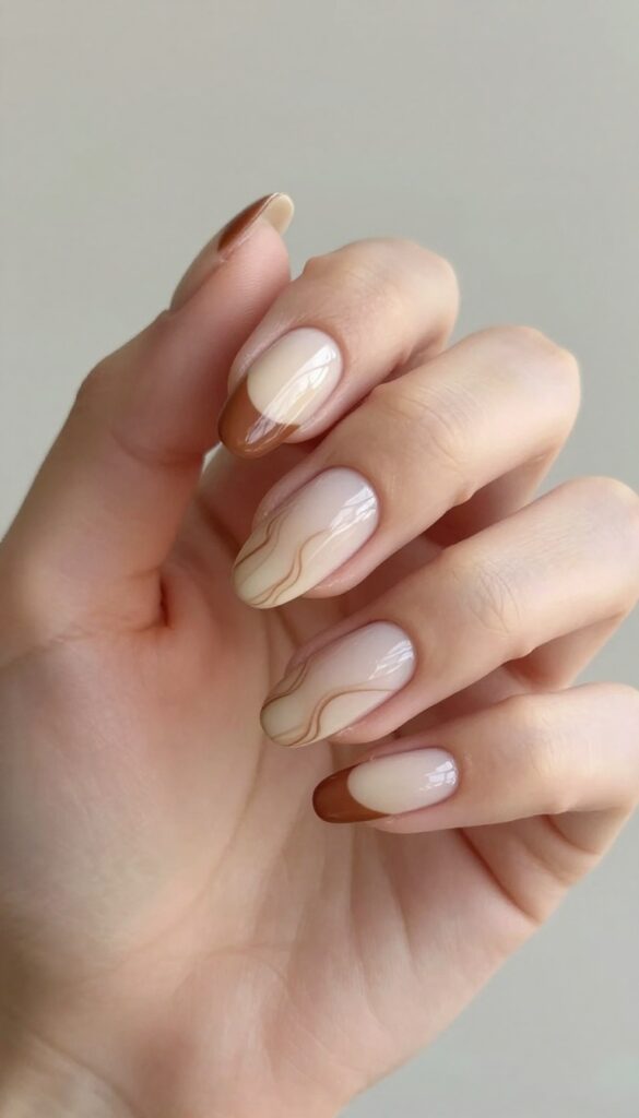 Chocolate swirl French tip nails on almond shaped nails with nude base and brown swirl design