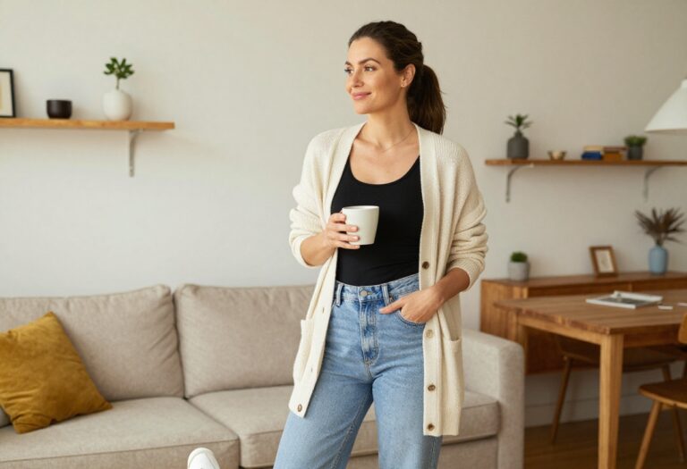 Woman in open cardigan, tank top, high-waisted jeans, and sneakers, smiling with coffee