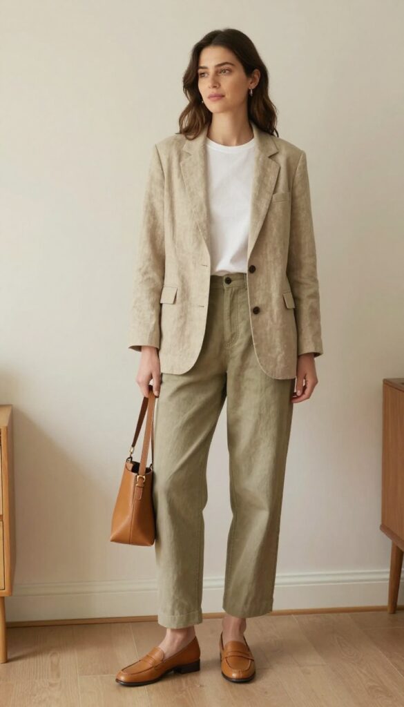 2. Linen-Blend Blazer with a Simple Tee and Straight-Leg Trousers