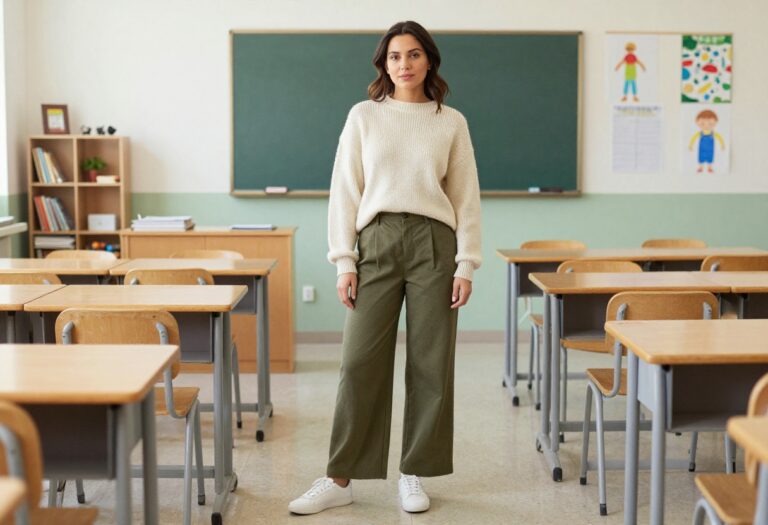 Elementary teacher wearing a cream knit sweater and olive wide-leg trousers with white sneakers in a classroom setting.