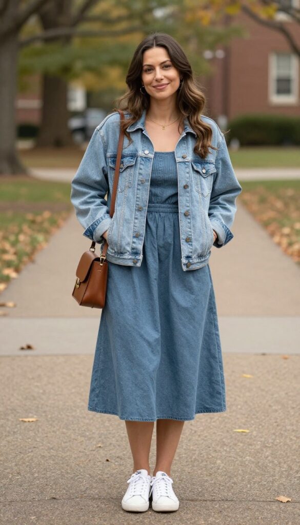 5. Denim Jacket with a Midi Dress