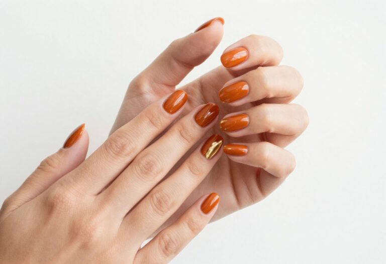 Glossy fall gel nails in burnt orange with gold foil accents