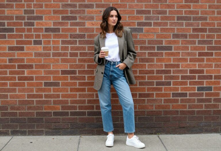 Woman in oversized blazer, baggy jeans, and chunky sneakers standing on a city street