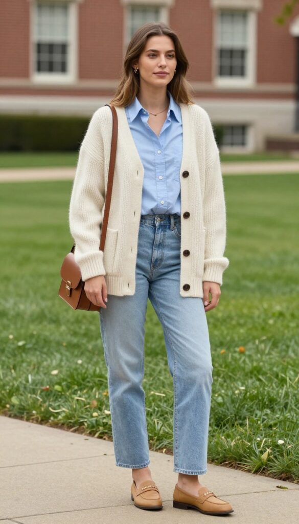 7. Cardigan Over a Button-Down Shirt