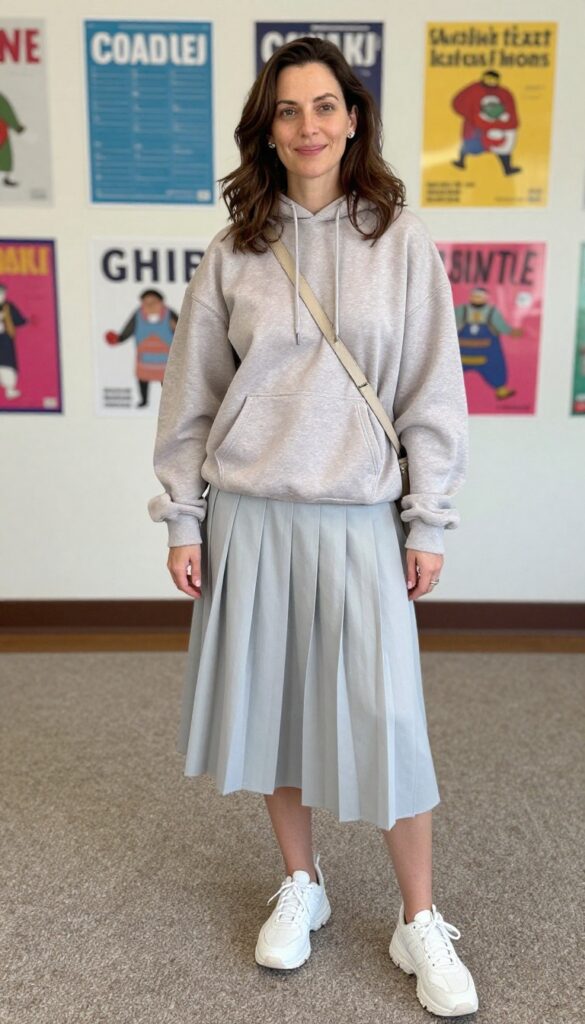 9. Hoodie + Pleated Skirt + Chunky Sneakers