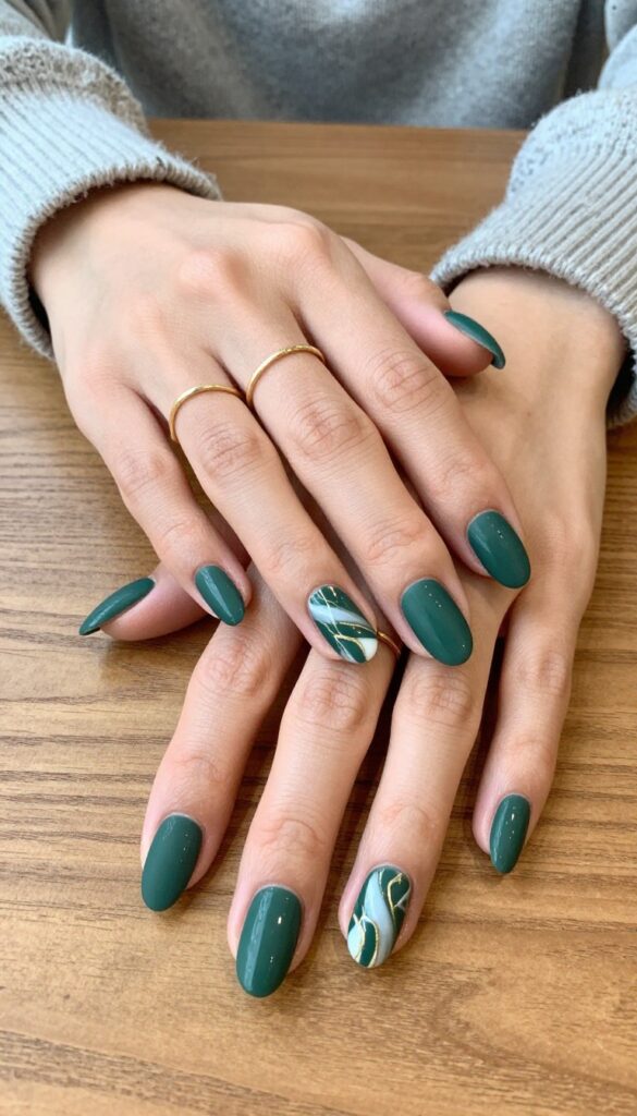Moss green marble swirl acrylic nails on almond shape, matte green base with white and gold veins, autumn nail art