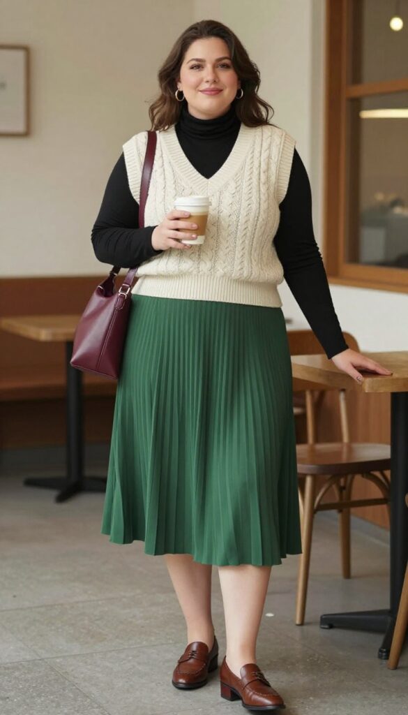 14. Sweater Vest + Turtleneck + Pleated Midi Skirt + Oxfords