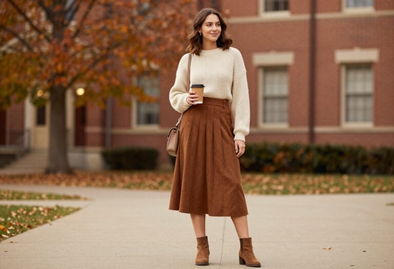 Woman in fall school outfit with chunky sweater and pleated skirt on campus