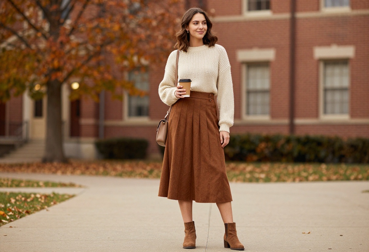 Woman in fall school outfit with chunky sweater and pleated skirt on campus