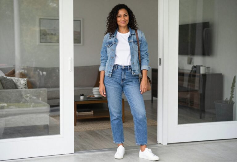 Woman in classic mom outfit with jeans, tee, denim jacket, and sneakers