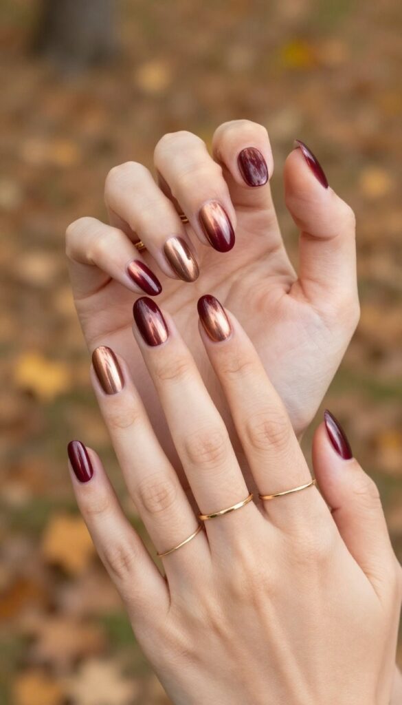 Burgundy chrome nails with metallic sheen on almond-shaped nails