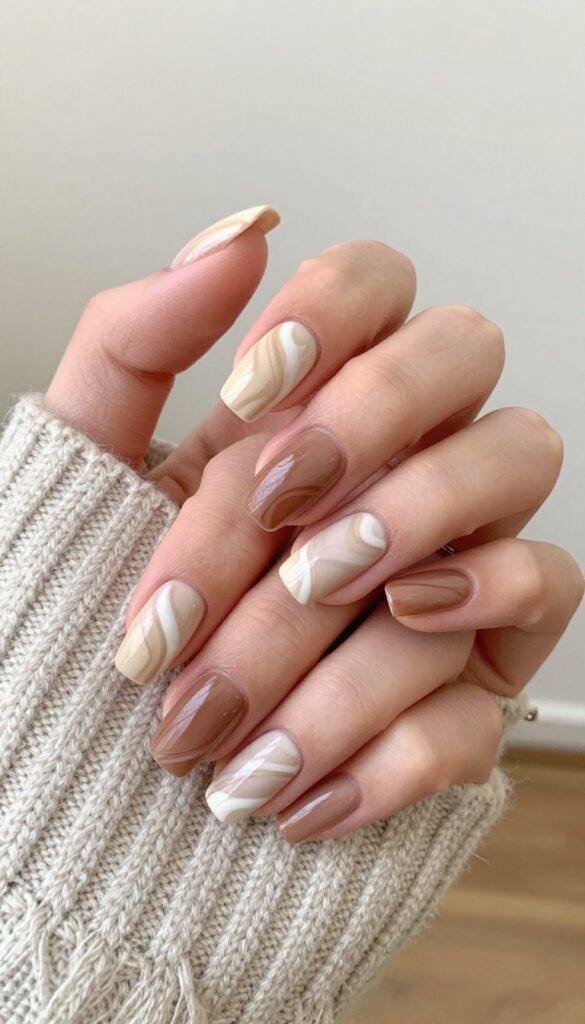 Creamy latte swirl nails with glossy finish on almond-shaped nails, resting on a sweater