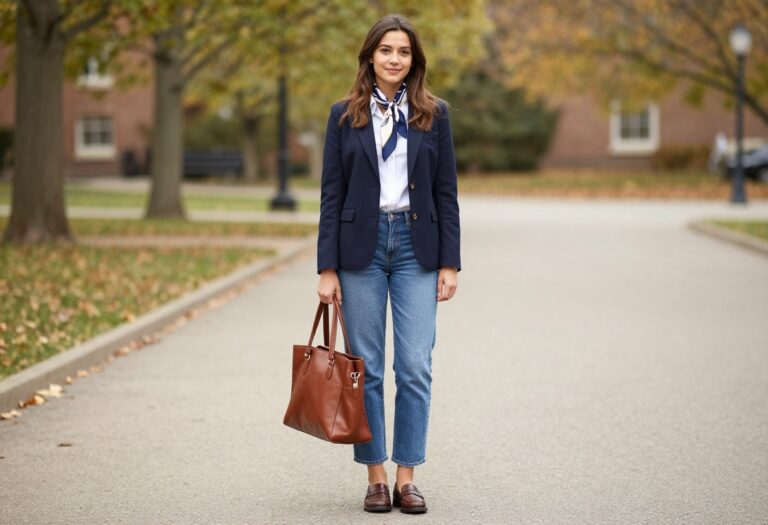 Young woman in preppy school outfit with blazer, jeans, and loafers on campus
