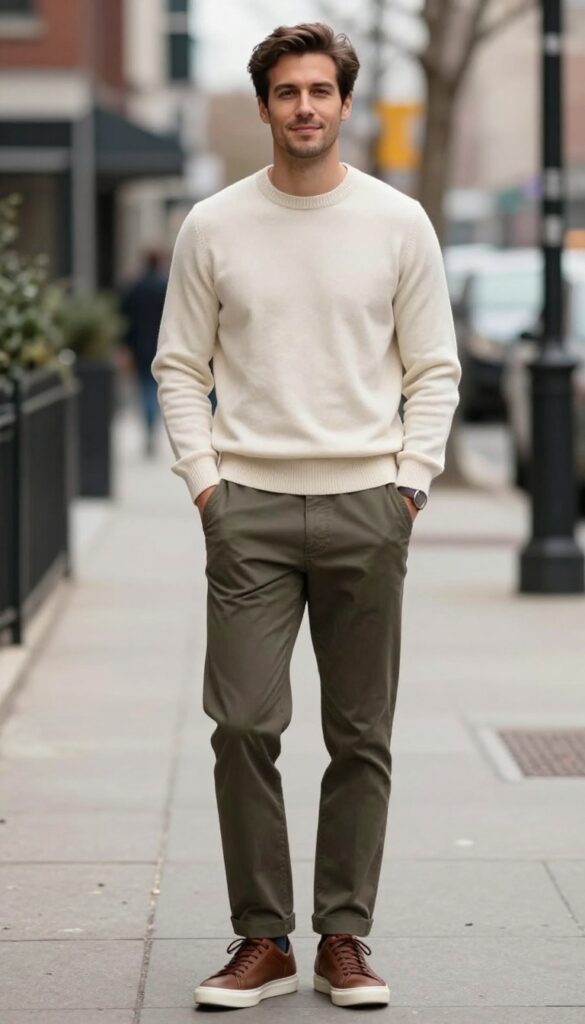 1. Olive Chinos and a Cream Crewneck