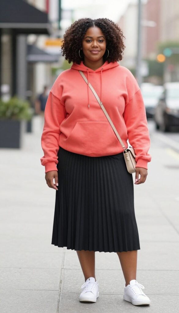 12. Hoodie + Pleated Midi Skirt