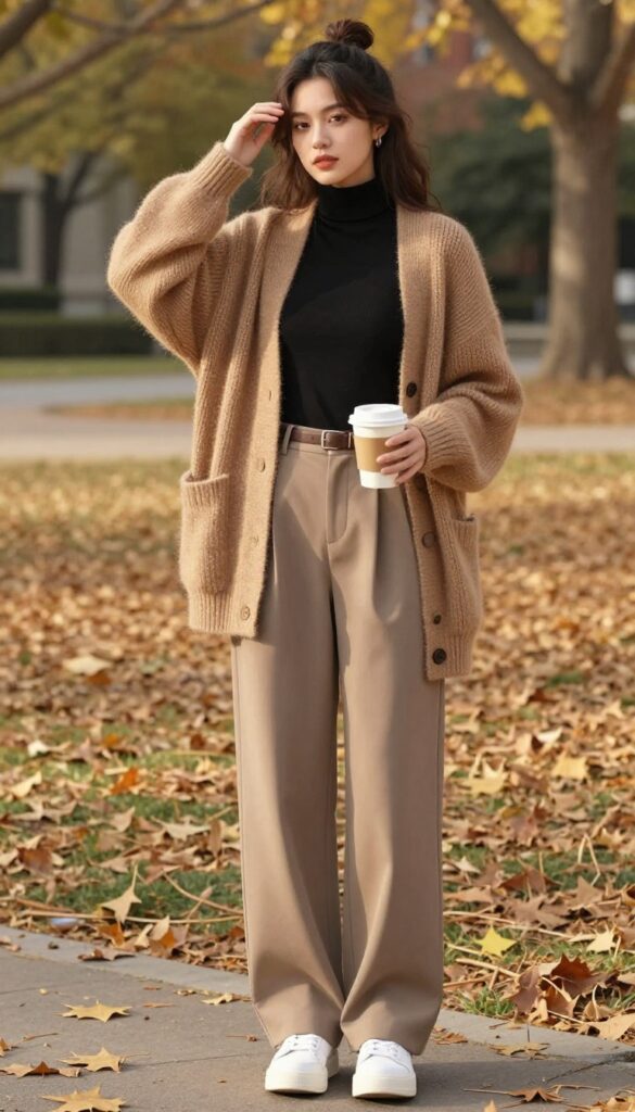 6. Chunky Cardigan and Wide-Leg Trousers