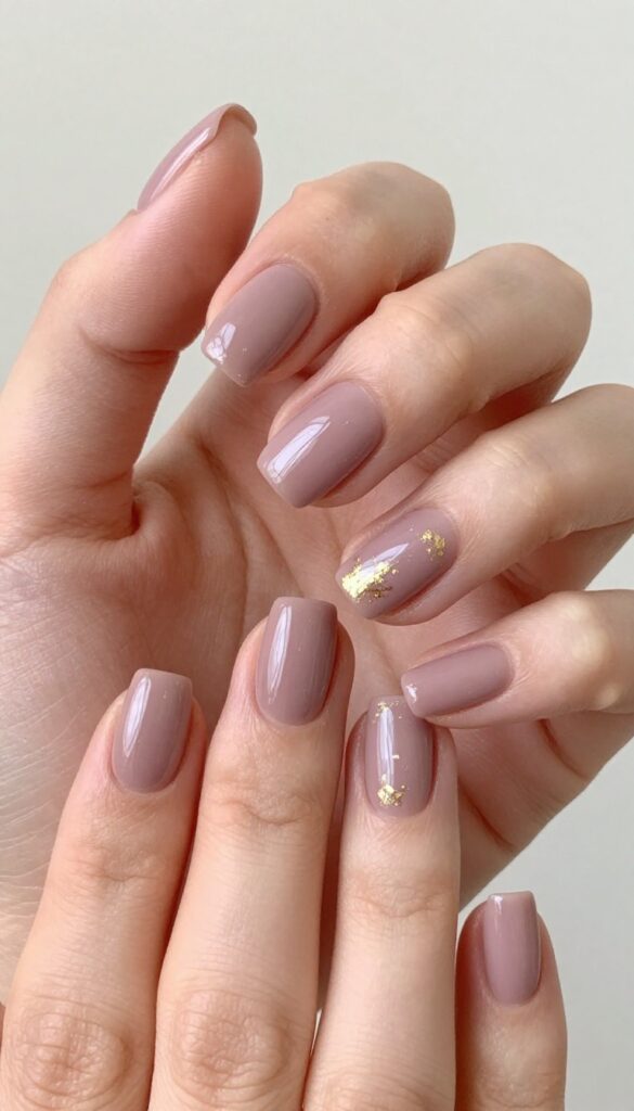 Short square nails with muted mauve polish and gold foil accents