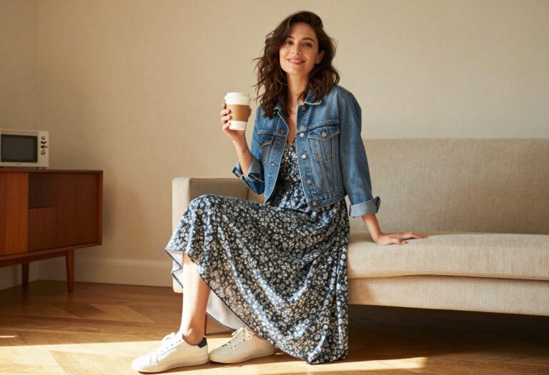 Mom wearing a modest floral midi dress with denim jacket and sneakers