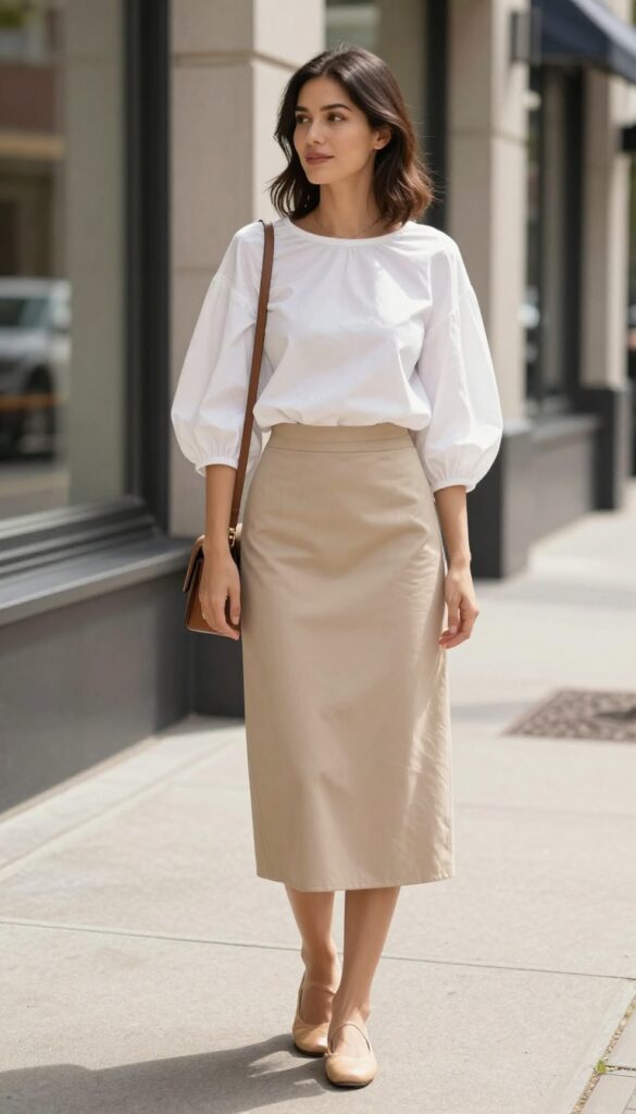 12. Puff-Sleeve Blouse with A-Line Skirt