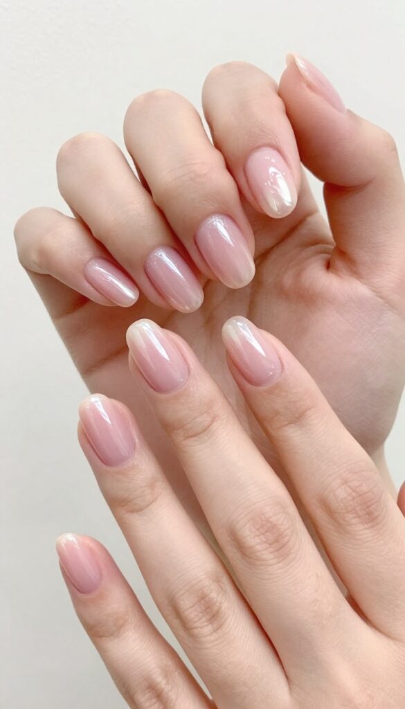 Glazed donut pink nails with glossy chrome finish on squoval shaped nails