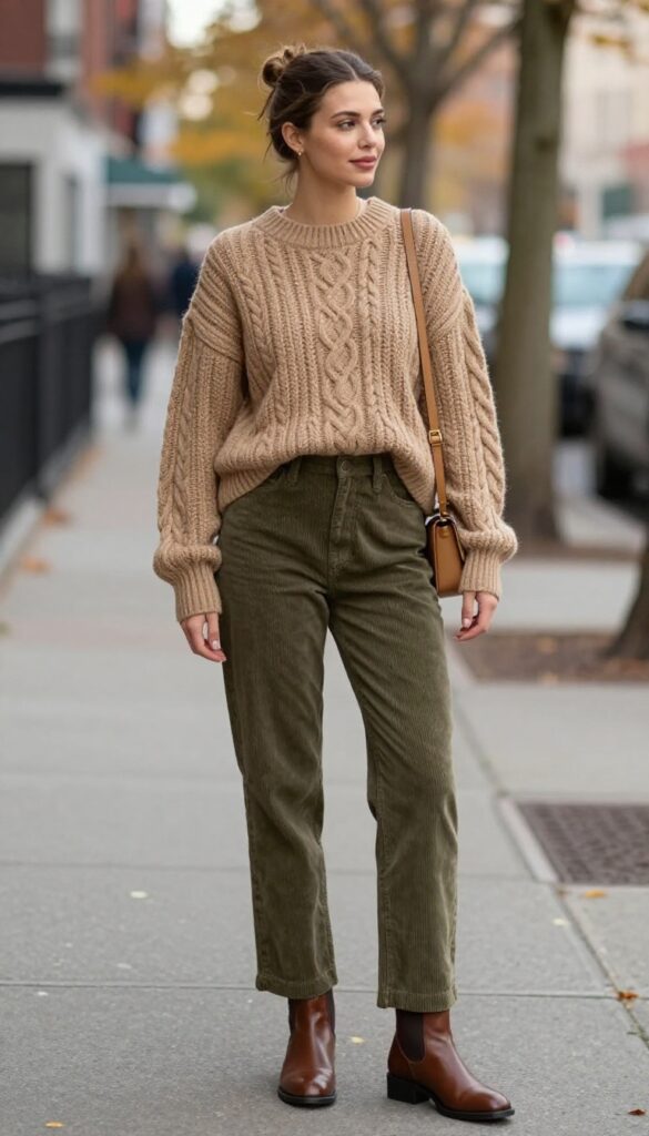 13. Cable-Knit Sweater with Corduroy Pants