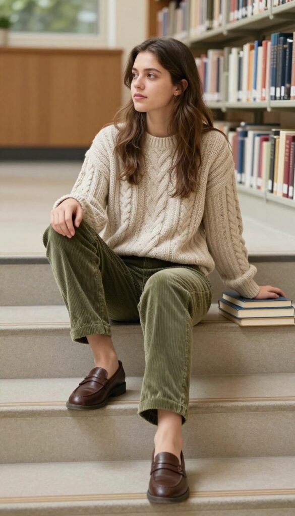 6. Chunky Cable-Knit Sweater with Corduroy Pants and Loafers