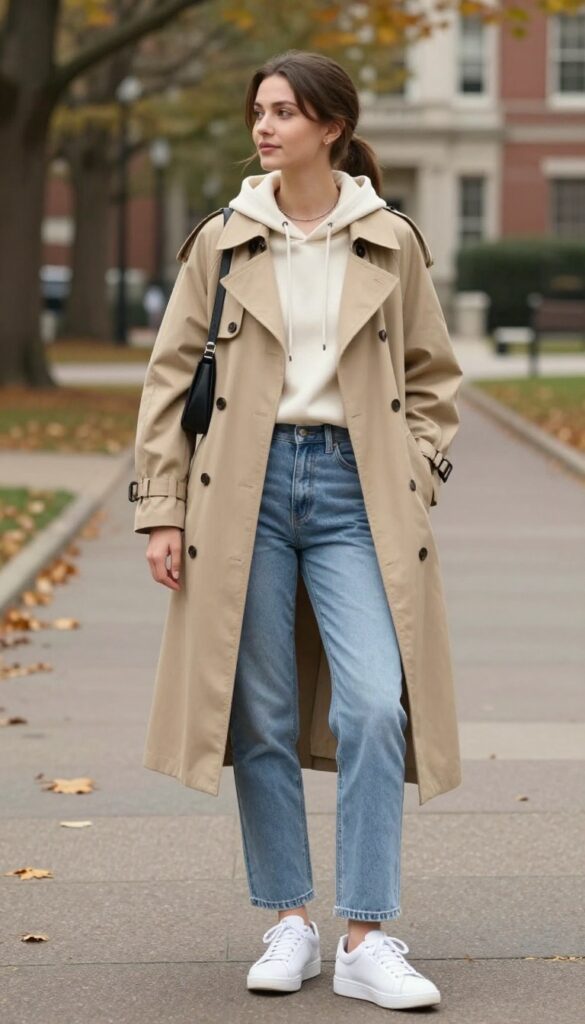 9. Trench Coat with a Hoodie and Straight-Leg Jeans