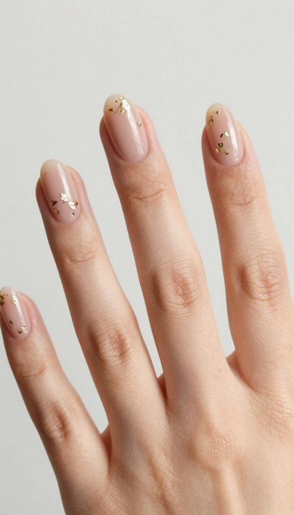 Champagne gold foil accent nails on a bride with sheer nude base and glossy finish