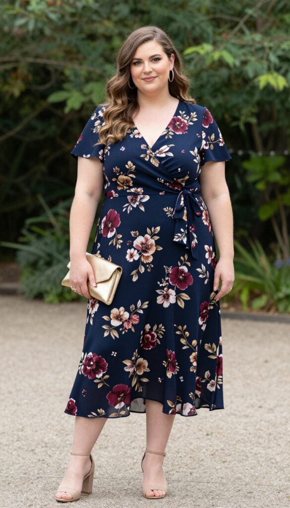 1. Floral Wrap Dress with Gold Accessories