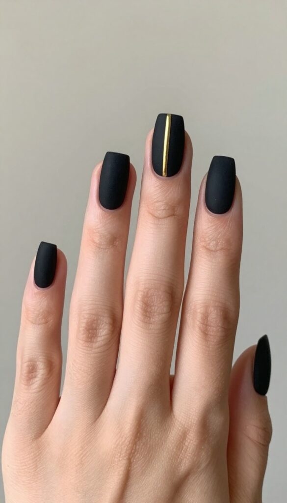 Matte black nails with a single gold stripe on accent nail
