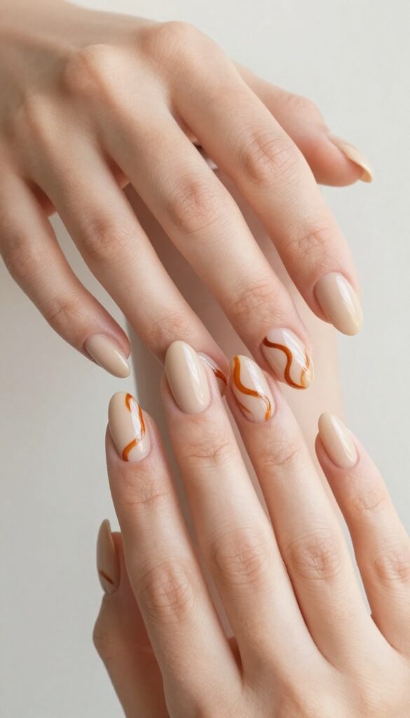 Burnt sienna swirl nail art on almond-shaped nude nails