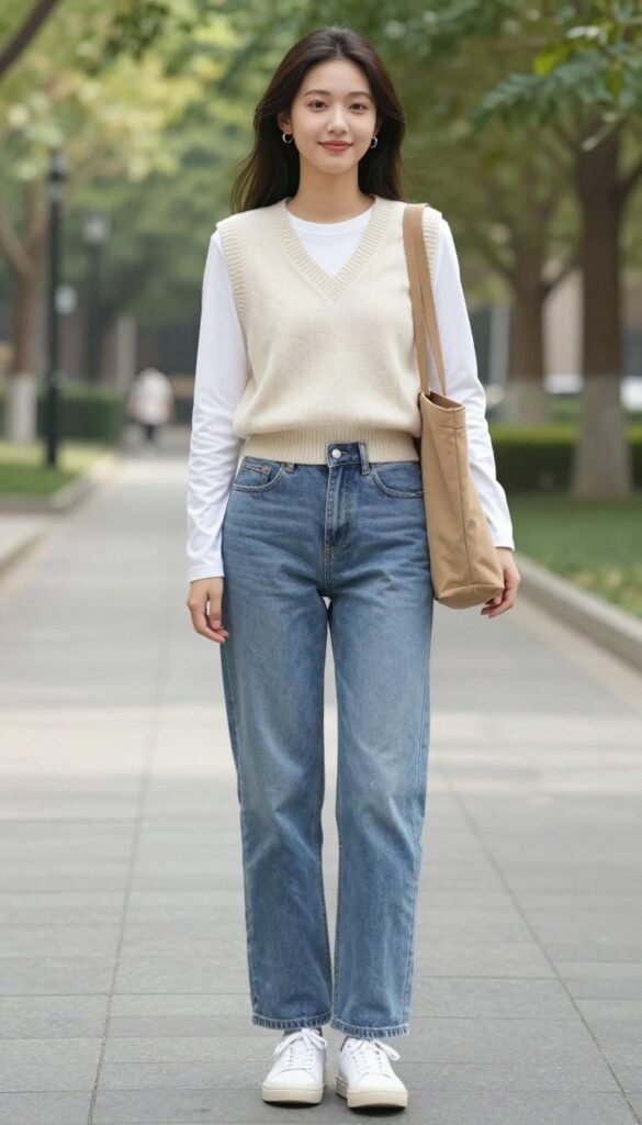 5. Knit Vest and Straight-Leg Jeans
