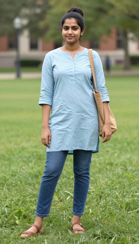 1. Cotton Kurti with Straight-Leg Jeans and Kolhapuris