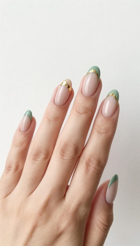 Sage green French tip nails with gold foil accents