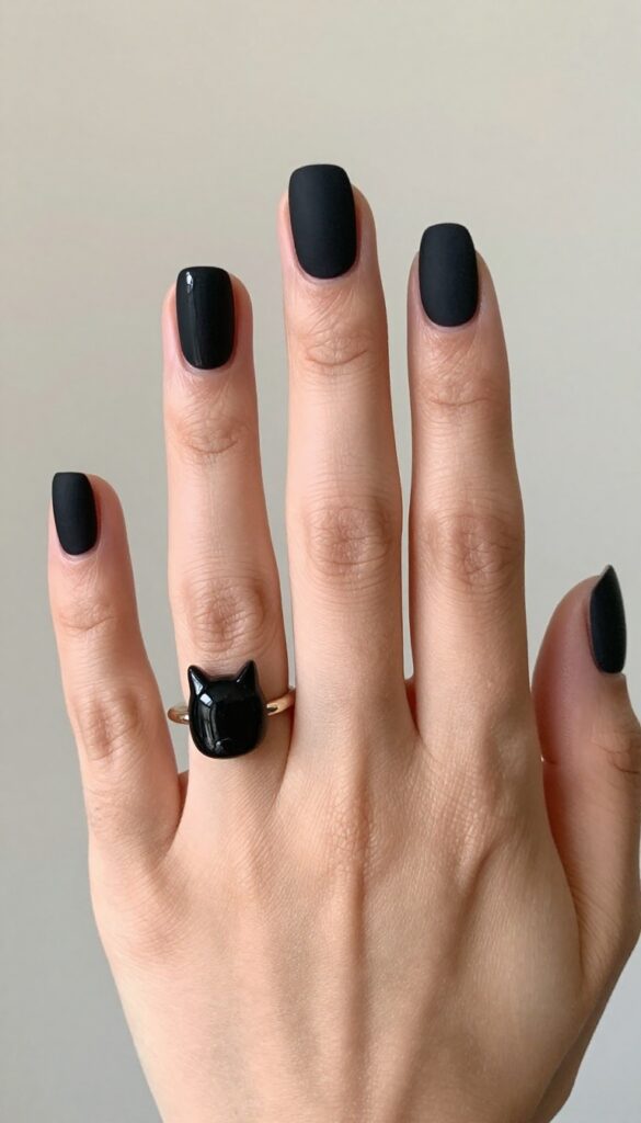 Matte black nails with glossy cat silhouette accent nail