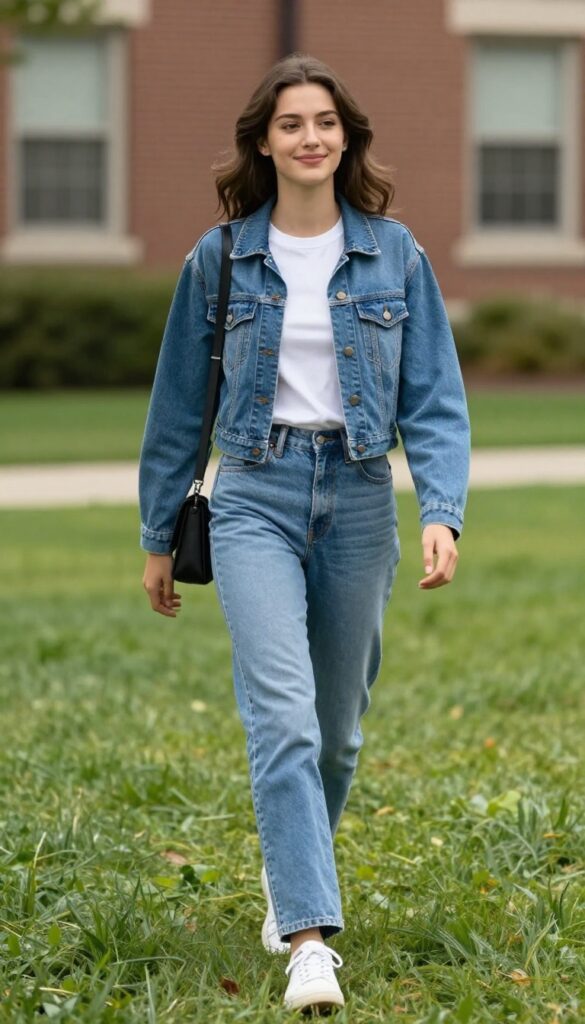 1. Classic Denim Jacket + White Tee + Straight-Leg Jeans