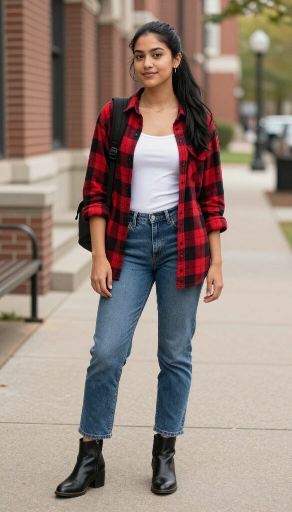 6. Plaid Shirt + Straight-Leg Jeans + Ankle Boots