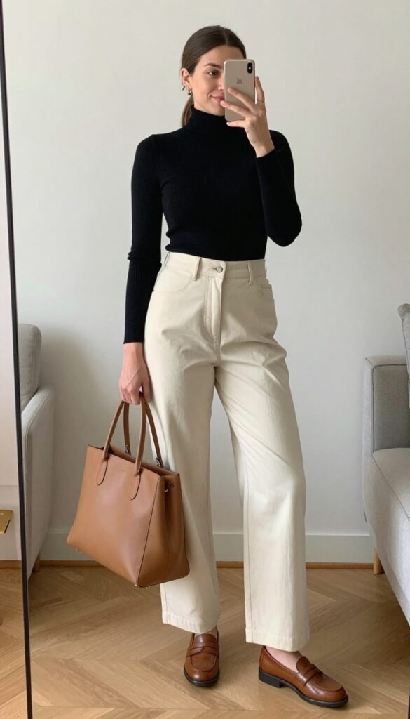 3. High-Waisted Wide-Leg Trousers with a Fitted Turtleneck