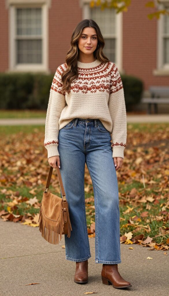 12. Fair Isle Sweater + Wide-Leg Jeans + Western Boots