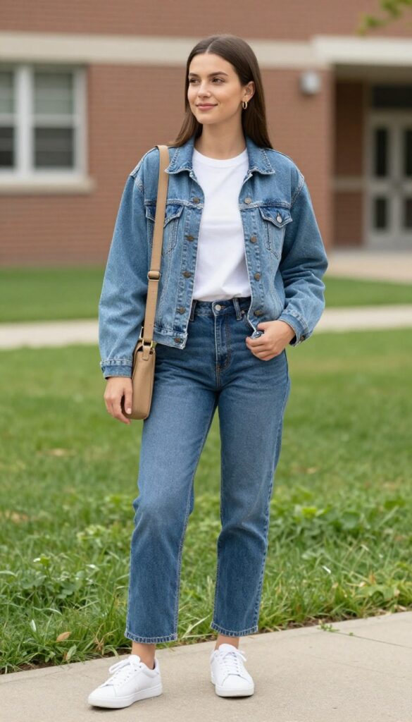 1. Classic Denim Jacket with a White Tee and Straight-Leg Jeans