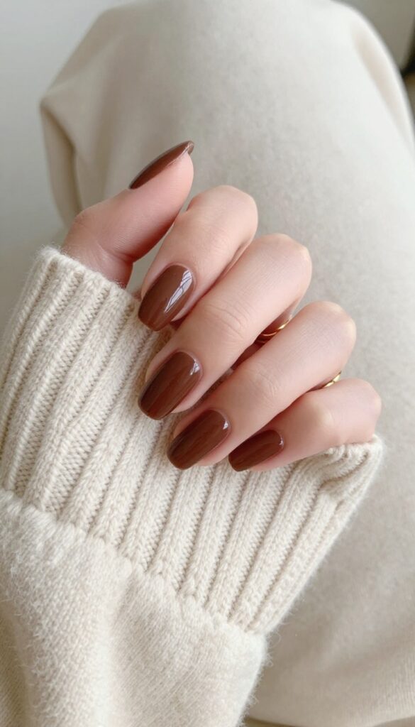 Short almond nails in espresso brown glaze on a hand resting on a cream sweater with gold ring