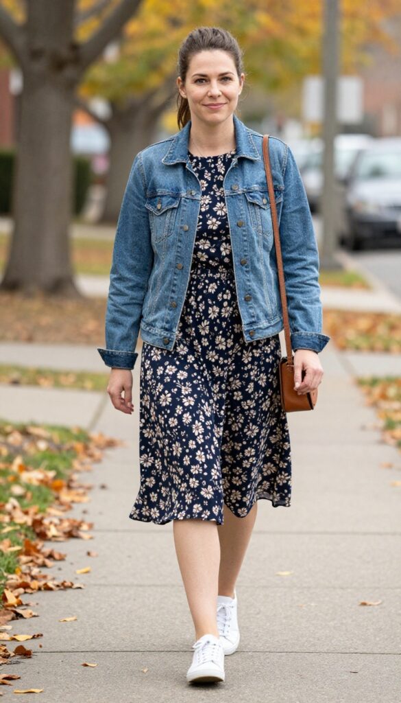 5. Denim Jacket + Floral Midi Dress + White Sneakers