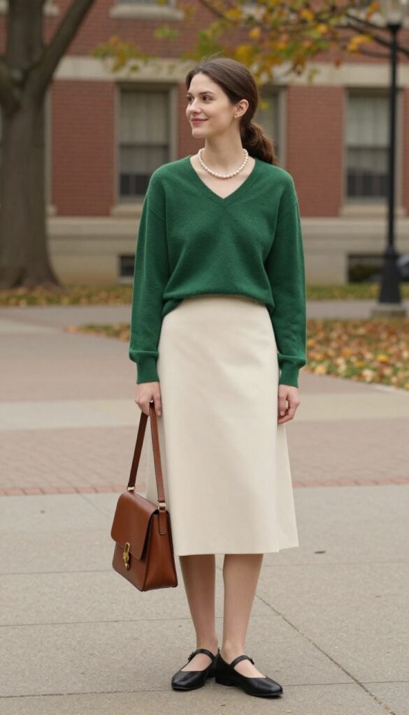 9. V-Neck Sweater With A-Line Skirt and Mary Janes