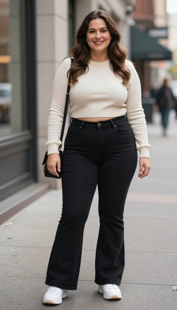 2. Cropped Sweater + Flare Pants + Chunky Sneakers