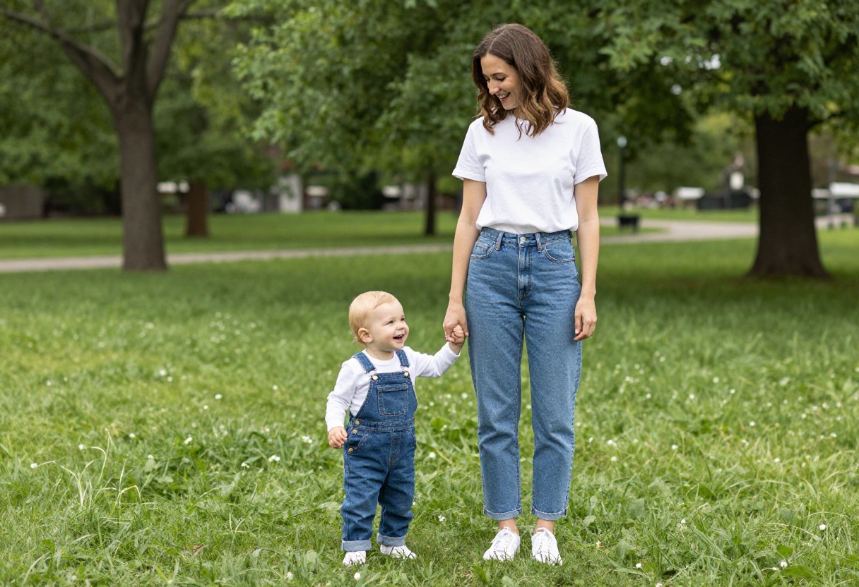 Mom and baby boy in matching denim and white outfits laughing in a park